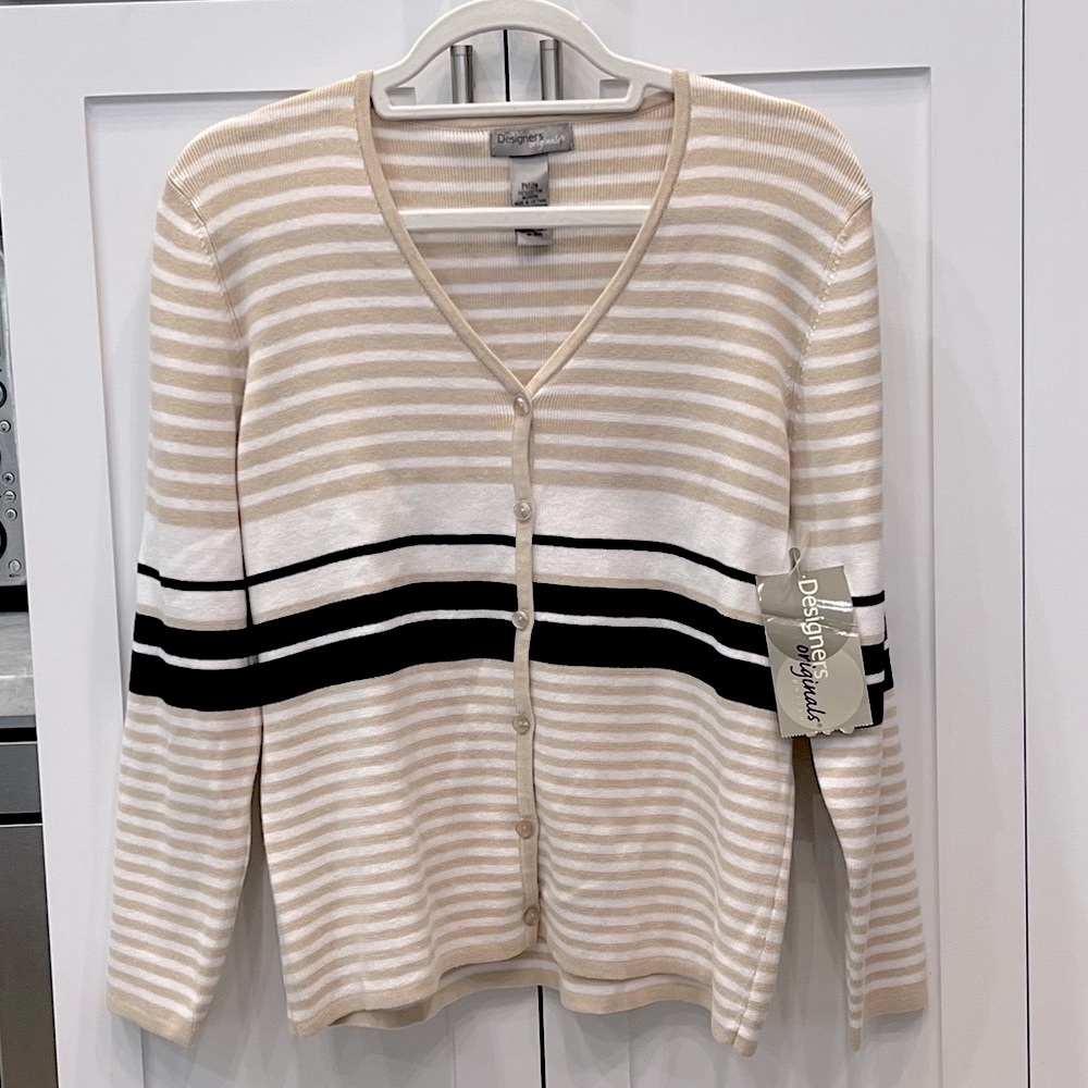 Designers Originals Beige and Black Striped Buttoned Cardigan
